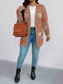 EMERY ROSE Plus Size Dropped Shoulder Casual Maple Leaf Jacquard Knit Cardigan - Camel - View 3