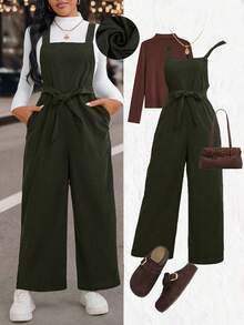 EMERY ROSE Plus Size Women's Solid Color Tie Strap Jumpsuit, Autumn/Winter