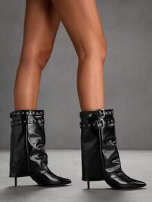 CUCCOO SZL Nuevas botas de media pantorrilla para mujer de tacón de aguja puntiagudo, con cremallera lateral, hebilla con ojal y versátiles y sexys, en color negro - Negro - Ver 6
