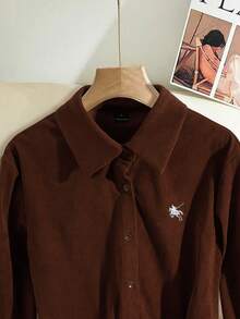 Modelyn New Autumn Classic Corduroy Embroidery Design Casual Shirt - Brown - View 2