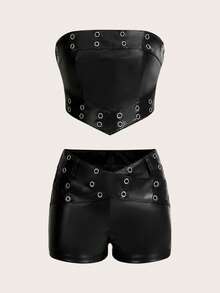 SHEIN ICON Women Y2k Black And Silver Leather Strapless Crop Top And Low-Waist Shorts Set,Summer Techno Concert Rave Music Festival Party Club Outfits - Black - View 7