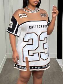 Slaydiva 2025 夏季及初秋新款休闲街头运动风日常约会音乐节圆领长袖落肩超宽松T恤 23数码标语Logo印花棕色拼接白色印花女式T恤连衣裙 - 彩色 - 查看 4