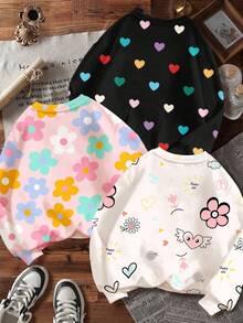 SHEIN Leap Crew Tween女孩 3件組可愛甜美多巴胺卡通花朵與愛心圓領寬鬆版型柔軟白色秋季校園返校休閒穿搭冬季 - 彩色 - 查看 2