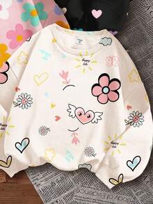 SHEIN Leap Crew Tween女孩 3件組可愛甜美多巴胺卡通花朵與愛心圓領寬鬆版型柔軟白色秋季校園返校休閒穿搭冬季 - 彩色 - 查看 3