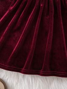 SHEIN 女婴优雅丝绒酒红色长袖连衣裙 - 酒紅色 - 查看 5