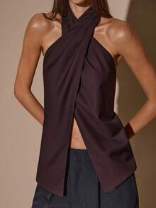 SHEIN BAE 女士优雅露背吊带纯色咖啡棕色上衣，优雅上衣，交叉吊带裹身款式，秋冬款 - 棕色 - 查看 7