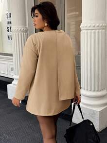Easura Plus Size Women's Solid Color Long Sleeve Scarf Collar Pocket Design Woolen Coat, Autumn/Winter - Khaki - View 2