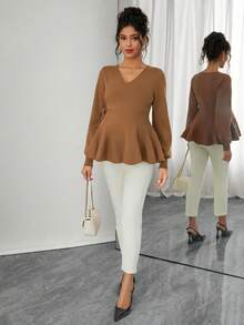 Momance Women's Fitted V-Neck Lantern Sleeve Ruffle Hem Faux Bowknot Design Elegant Date Night Long Sleeve Maternity Sweater - Brown - View 4