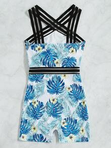 Traje de baño de una pieza con estampado tropical, estampado aleatorio - Multicolor - Ver 2