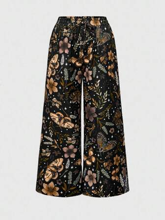 Fairycore بنطلون نسائي فضفاض ذو ساق مستقيمة، طبعات زهور وفراشات وفراشات ليلية ذات طابع فيري كور، مناسب للخريف والشتاء، مقاسات كبيرة