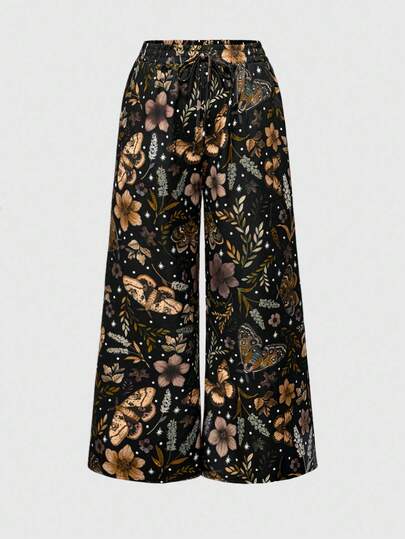 Vintage Floral Rose Brown Fairycore Butterfly Moth Plant Print Women Loose Straight Leg Pants, Autumn/Winter Plus Size Bottoms