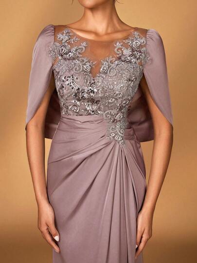 Serin Elegant Luxurious Embroidered Lace & Sequin Patchwork Elastic Satin Ruffle Sleeve Mermaid Hem Dress, Suitable For Wedding, Party, Vacation, Prom, Evening Gown, Mother Of The Bride, Valentine's Day