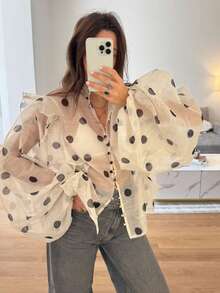 Serisse Blusa de manga larga elegante con estampado de lunares y volantes en el bajo, estilo francés, para playa, brunch, invierno, estilosa, Año Nuevo, Navidad, Acción de Gracias, casual, vintage, minimalista, oficina, perfecta para uso diario - Blanco y Negro - Ver 3