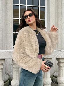 Firerie 女士时尚优雅简约酒红色仿皮草短外套，秋冬新款 - 卡其色 - 查看 4