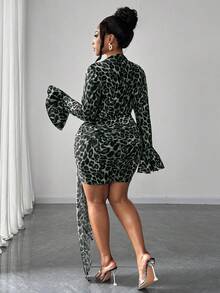 Maweii Plus Size Sexy Leopard Print Flare Sleeve Tie-Front Bodycon Dress