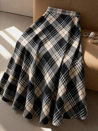 Regalyn Plus Size Elegant Wool Plaid A-Line Skirt With Side Pockets