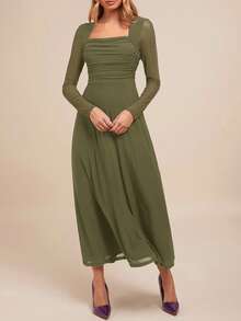 Amorya 女士优雅方领长袖 A 字连衣裙，紫色，适合派对，秋冬季 - 軍綠色 - 查看 5