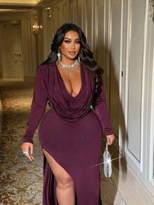 NU&NOW Plus Size Women's Dark Purple Solid Knit Deep Draped Neck Bodycon Long Sleeve Maxi Dress,Curve Elegant Cocktail Party Outfit,Autumn Slit Hem - Purple - View 3