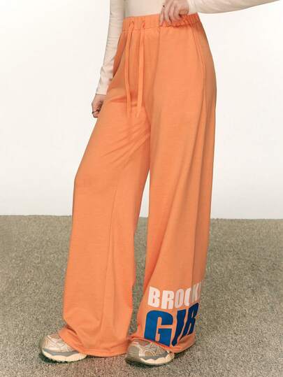 Rina Fox Women's Casual Everyday Commute Contrast Color Letter Print Drawstring Waist Loose Wide Leg Sweatpants