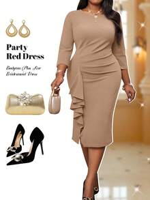 Fleurora 秋冬圣诞派对礼服优雅复古工作婚礼酒会深红色针织圆领铅笔荷叶边新品紧身连衣裙大码连衣裙伴娘服 - 卡其色 - 查看 1