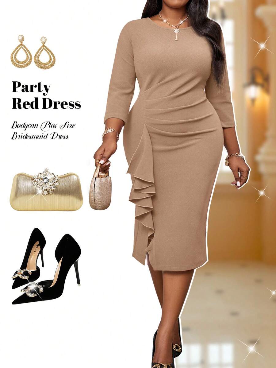 Fleurora 秋冬圣诞派对礼服优雅复古工作婚礼酒会深红色针织圆领铅笔荷叶边新品紧身连衣裙大码连衣裙伴娘服 - 卡其色 - 查看 1