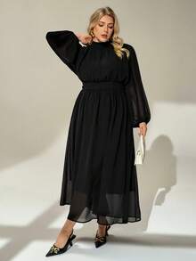 Auralis Plus-Size Women's/Fashionable Elegant Loose Comfortable, Everyday Sheer Chiffon Long-Sleeved Fitted Waist Dress Elegant Dress,Church Dress Outfits Spring - Black - View 5