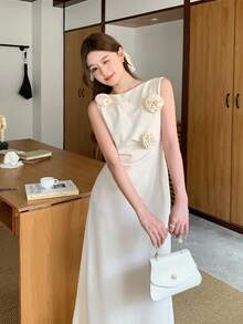 SHEIN Elegant Khaki Sleeveless Ruched Snug Fit Slit Dress, Sophisticated Party Wear, Floral Embellished, Suitable For Weddings And Occasions - Khaki - View 6