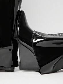 SHUZIA 女士时尚舒适尖头漆皮PU翻边过膝高跟坡跟靴 - 黑色 - 查看 7