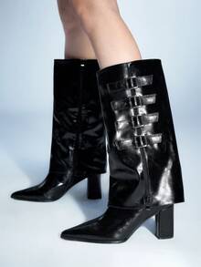 Sugerpunk Women's Fashion Versatile Commute Chunky High Heel Knee-High Boots - Black - View 7