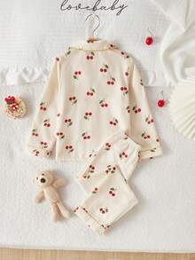 4-Piece Girls Cherry Print Striped Cardigan & Pants Casual Loungewear Set, Apricot & Light Yellow, Suitable For All Seasons