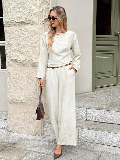 SHEIN Frenchy Women's Solid Color Round Neck Long Sleeve Shirt And Wide Leg Pants Casual 2 Pieces Set,Women Business Casual Outfit, Women Work Uniform, Women Teacher Outfit, Women 2 Pieces Casual Set, Casual 2 Pieces Set, Office Attire For Women, Business Casual Women, Casual Sets For Women Winter,New Year Clothes Spring