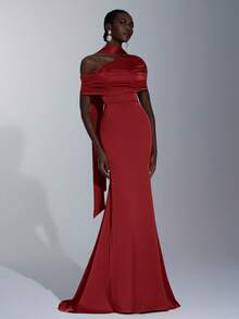 Elitara Elegant,Formal Burgundy Winter Bridesmaid Dress, Stretch Satin Fishtail Hem Trailing Fashionable Influencer Holiday Wedding Event - Red - View 7