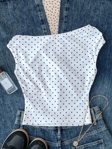 SHEIN Tween Girls White Knit Casual Minimalist Polka Dot Print Asymmetric Ruched Cropped Top, Suitable For Spring/Summer, Casual, Personalized Styling, Daily Wear