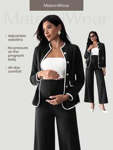 MaterniWear Maternity 2pcs Suit Set Black And White,Autumn,Elegant,Office Contrast Trim Blazer Jacket And Pants,Professional Work Wear Outfits For Pregnant Women - Black - View 2