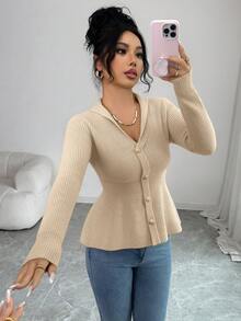 Elenzga كارديجان مزيف أنيق ومصقول، كنزة صوفية طويلة الأكمام باللون الأزرق الداكن، خريف/شتاء - لون مشمشي - مشاهدة 5