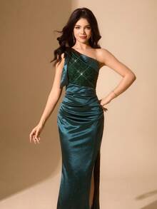 Teen GirlLong Satin Formal Dress, Slim Fit Prom Gown, Green - Green - View 1