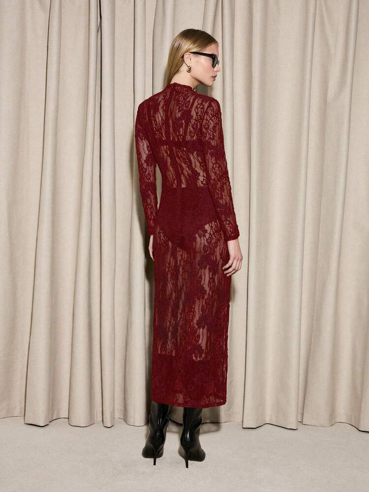 AiiRZ Elegant Lace Long Sleeve Bodycon Maxi Dress High Neck Formal Evening Party Occasion