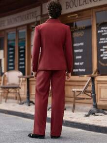Manfinity VCAY 男士撞色翻领长袖外套和裤子休闲西装套装 - 酒紅色 - 查看 4