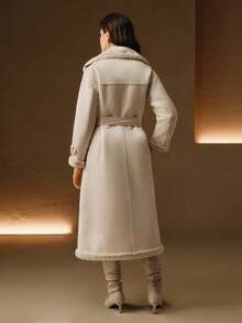 Anewsta 女士秋冬长款翻领腰带双排扣仿皮草大衣，优雅时尚 - 米色 - 查看 2