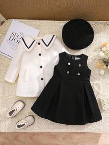 SHEIN 2件套女婴可爱羊毛无袖连衣裙和撞色彼得潘领长款开衫套装 - 黑色 - 查看 1