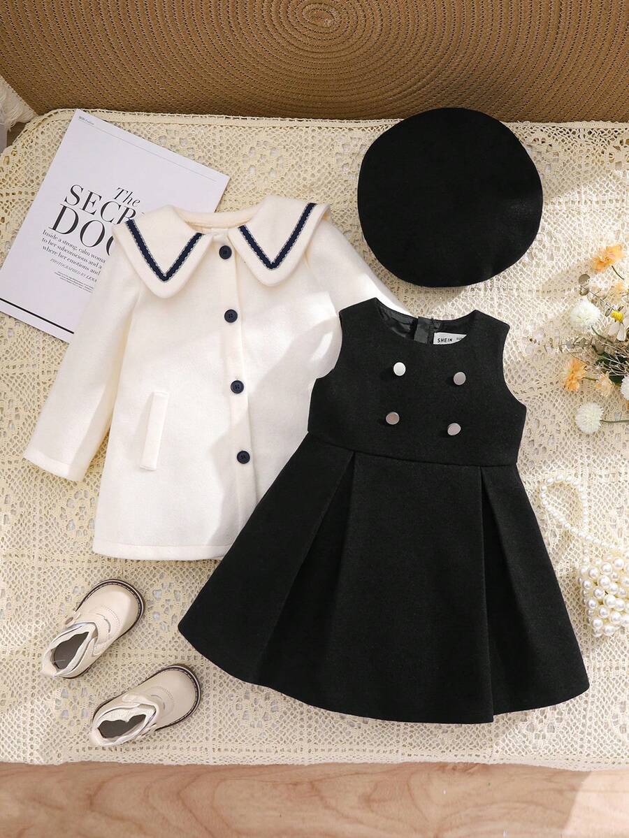 SHEIN 2件套女婴可爱羊毛无袖连衣裙和撞色彼得潘领长款开衫套装 - 黑色 - 查看 1