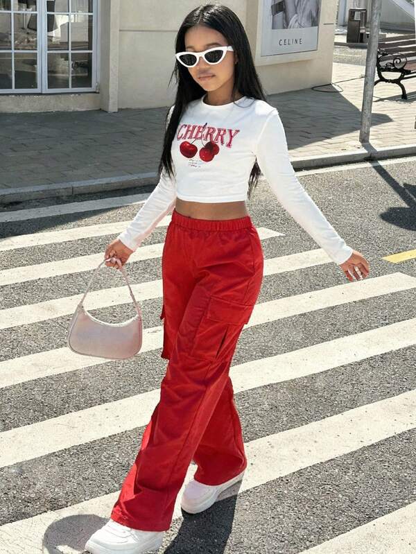 Girlism Teen Girl Cherry Letter Print Crew Neck Long Sleeve T-Shirt And Cargo Pants Casual Suit,Back To School, Christmas