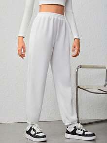 Dama pantalones casuales estilo deportivo tela cómoda cintura elástica ajuste holgado tiro alto largo primavera otoño uso diario pantalones - Blanco negro - Ver 2