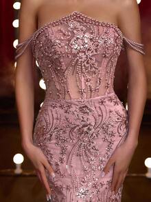 Glamrae Elegant Luxurious Embroidered Lace Sequin Beaded Off Shoulder Pearl Chain Sexy Mermaid Tail Dress With Train, Suitable For Weddings, Events, Bachelorette Parties, Vacations, Galas, Graduations, Formal Occasions (Heavy-Duty), Valentine's Day - Dusty Pink - View 7