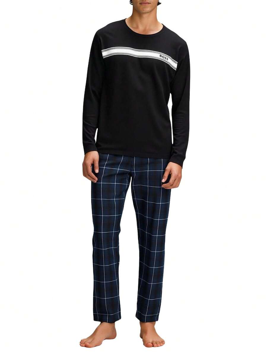 2pcs Men's Casual Sleepwear Set: Long Sleeve Top And Plaid Pants - Blue - View 1