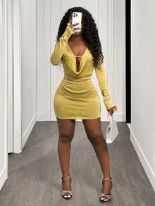 SHEIN BamGlam New Sexy & Elegant Beaded Deep V-Neck Hollow Out Long Sleeve Bodycon Dress For Women, Autumn/Winter - Yellow - View 7