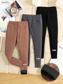 SHEIN 女童纯色保暖打底裤，休闲百搭，适合秋冬季穿着 - 彩色 - 查看 1