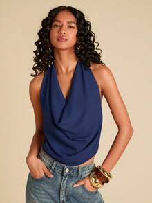 Travachic Blusa de mujer con escote en V profundo, espalda descubierta y cuello halter, de unicolor, elegante para Navidad, Año Nuevo, Acción de Gracias, invierno, graduación, baile de graduación y eventos de lujo por la noche - Azul Marino - Ver 2