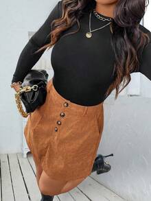 SHEIN PETITE Váy mini nhung kẻ chữ A siêu ngắn, thoải mái, đa năng dành cho nữ - màu nâu - Xem 7
