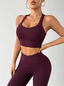 SHEIN Sports 全新多功能夏季户外运动跑步健身瑜伽锻炼两件套，无袖上衣和紧身裤健身女士套装 - 酒紅色 - 查看 4